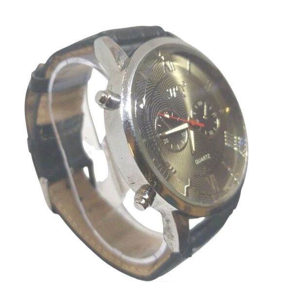 HQ Men's 50mm Stainless Steel Black Leather Band Quartz Watch With New Battery - Picture 2 of 3